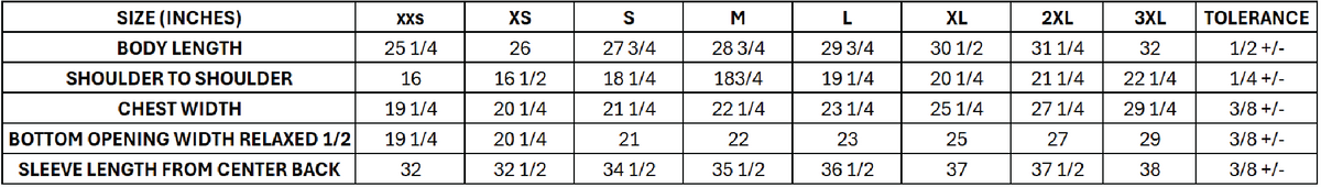 Size chart for Classic Rugby Shirt