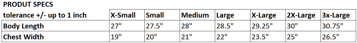 Size chart for Knitted Sweater