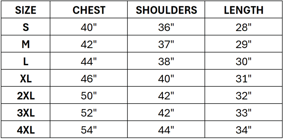 Size chart for Yatta Freedom Track Golf Polo