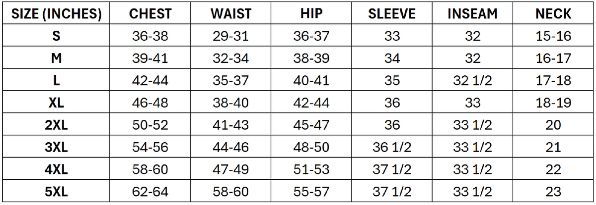 Size chart for Men's Challenger Jacket